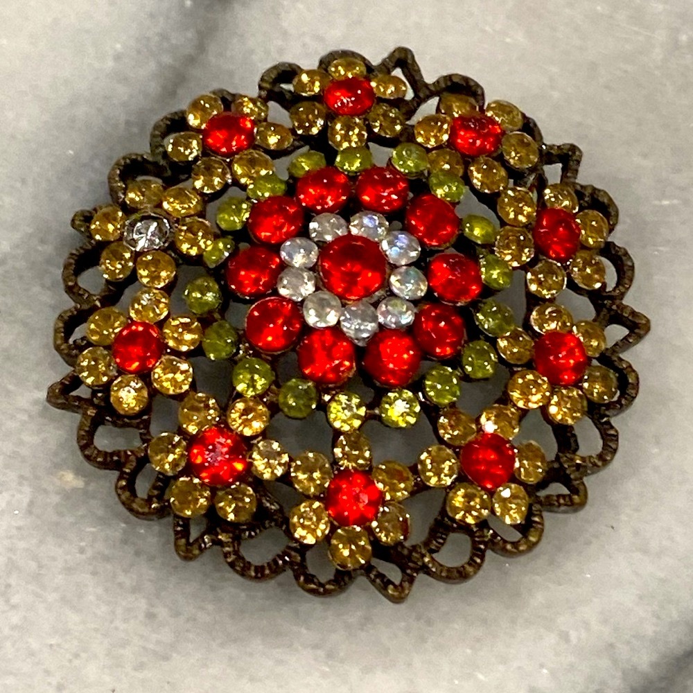 Vintage Brooch Pin Floral Red Green Yellow